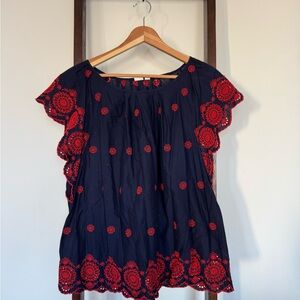 GAP Navy Blouse with Red Embroidery, EUC, Women’s L